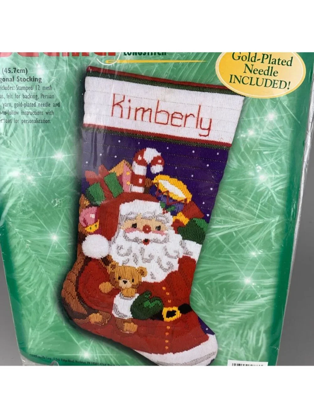 Bucilla 60773 Santa & Teddy Bear Longstitch Needlepoint Stocking Kit 18 in Vtg
